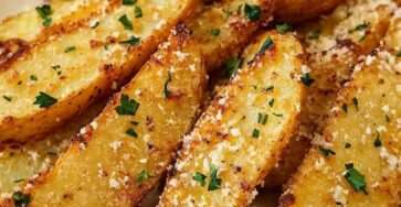 Quartiers de pommes de terre dorés et croustillants au four avec ail, parmesan et persil servis sur une plaque