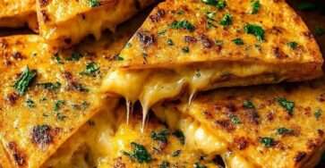 Quesadillas dorées au beurre à l’ail avec fromage mozzarella et cheddar fondant, coupées en triangles et garnies de persil frais, servies avec sauce tomate.