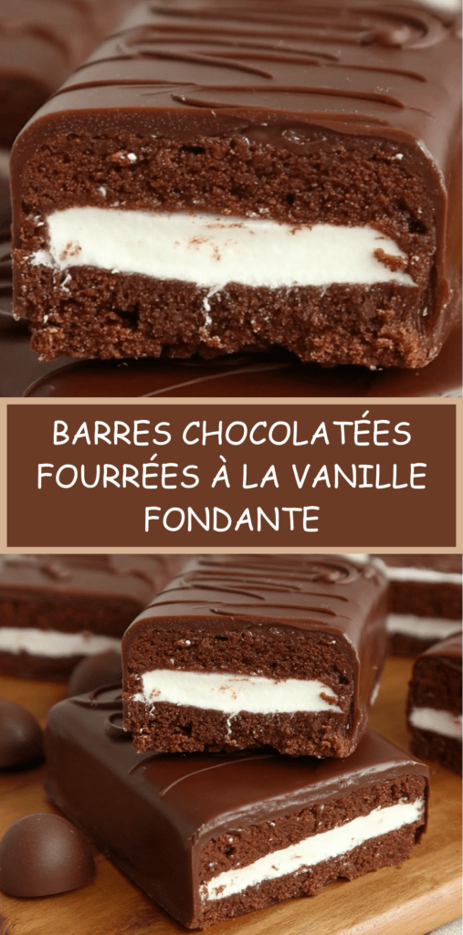 Barres chocolatées maison coupées en rectangles, enrobées de chocolat noir brillant et garnies d’un fourrage crémeux à la vanille de couleur blanche