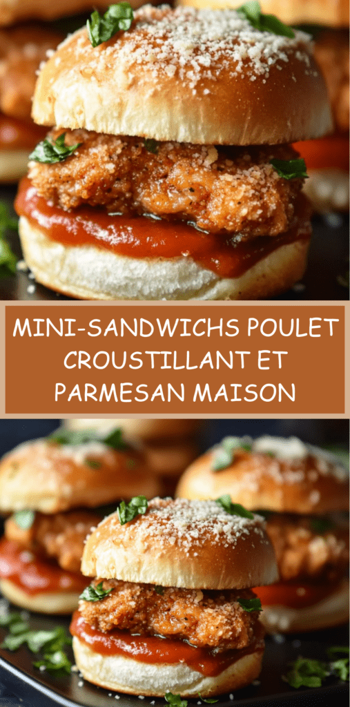 Mini-sandwichs garnis de poulet croustillant pané au parmesan, salade verte et sauce, servis dans de petits pains moelleux