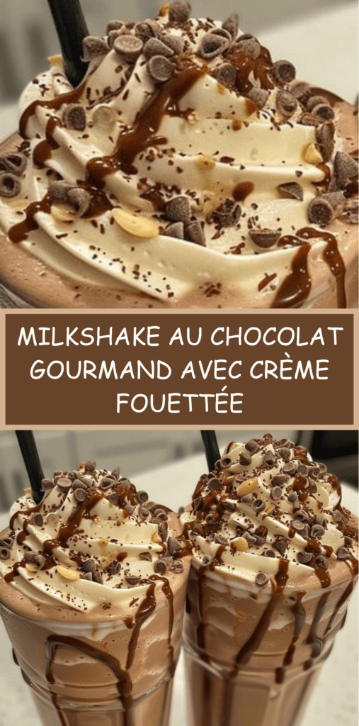 Grand verre de milkshake au chocolat crémeux décoré de sirop de chocolat, garni de crème fouettée, pépites de chocolat et éclats de noix
