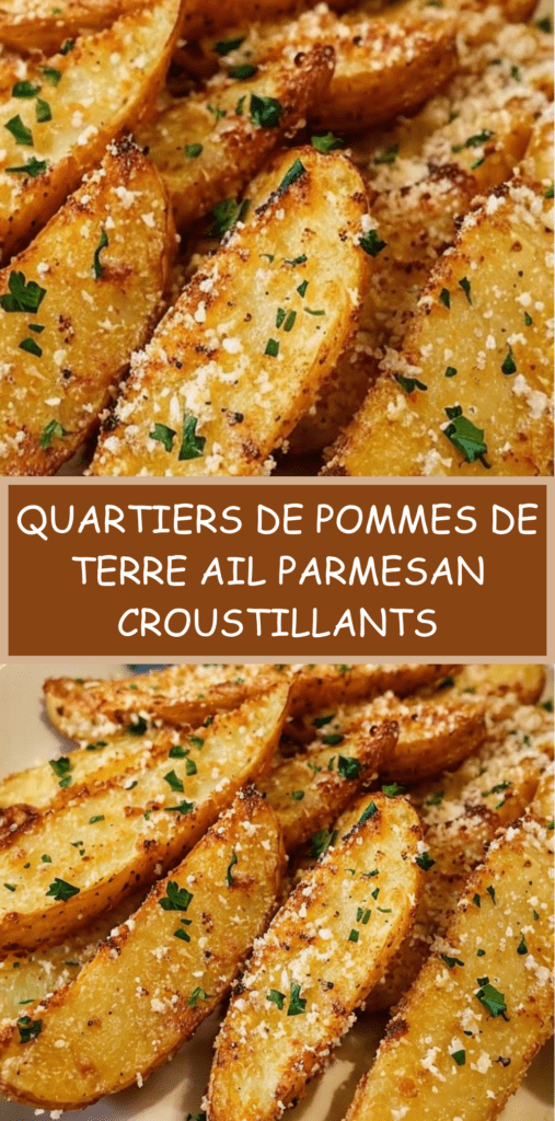 Quartiers de pommes de terre dorés et croustillants au four avec ail, parmesan et persil servis sur une plaque