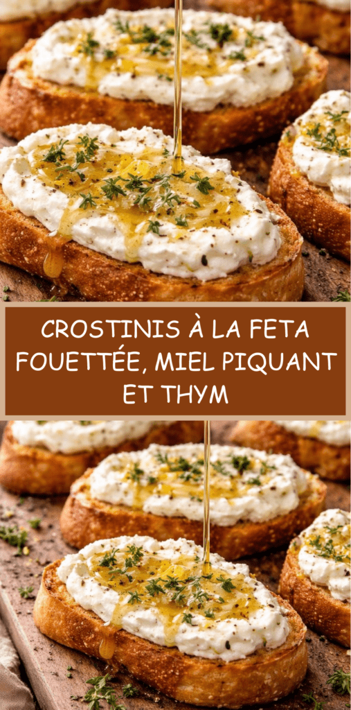 Crostinis croustillants garnis de feta fouettée onctueuse, nappés de miel piquant et décorés de thym frais