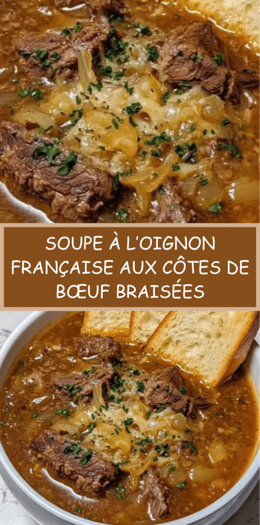 Soupe à l’oignon française gratinée au fromage avec bœuf braisé effiloché, pain croustillant et fromage fondu doré