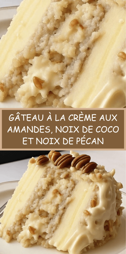 Gâteau à étages aux amandes recouvert d’un glaçage crémeux à la noix de coco et aux noix de pécan, texture fondante et finition gourmande