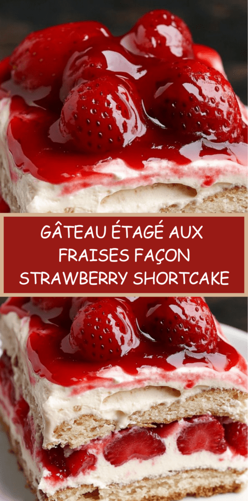 Gâteau étagé aux fraises façon strawberry shortcake, couches de biscuits imbibés, crème mascarpone onctueuse et fraises fraîches