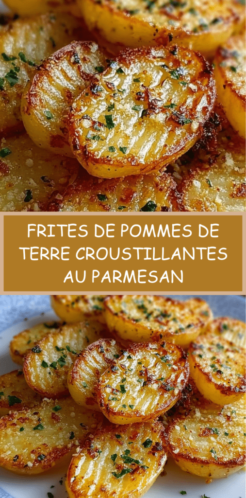 Frites de pommes de terre croustillantes au parmesan dorées au four, servies chaudes avec persil frais et texture croustillante.