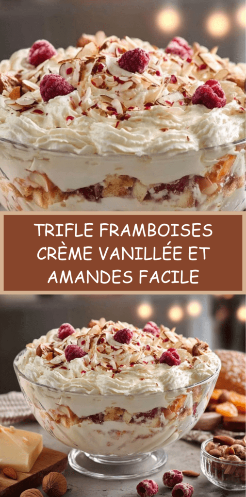Trifle framboises à la crème vanillée et amandes, présenté en grand saladier transparent avec couches visibles de biscuit, crème et fruits rouges.