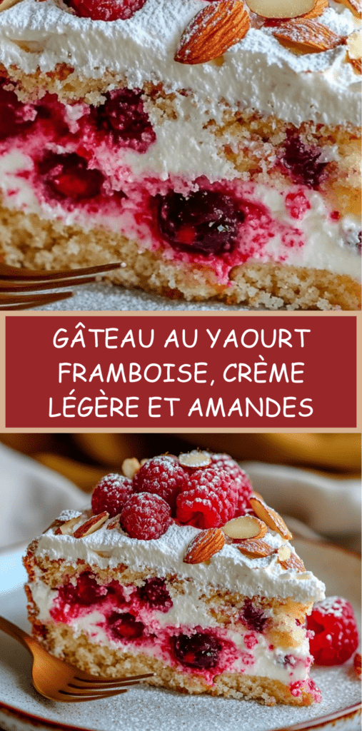 Gâteau au yaourt revisité aux framboises garni de crème légère et d’amandes effilées, présenté sur un plat avec texture moelleuse et fruits frais.