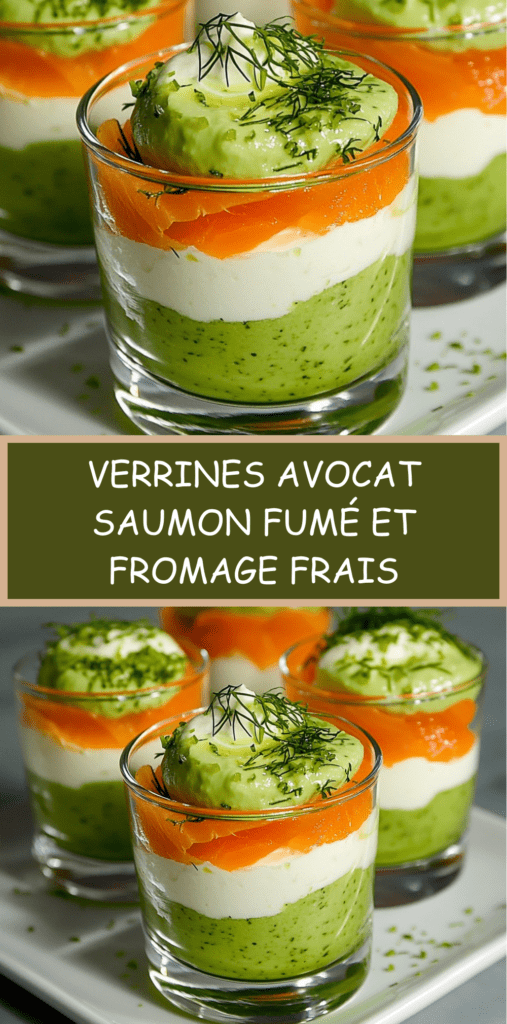 Verrines avocat, saumon fumé et fromage frais en couches nettes, décorées d’aneth, servies bien fraîches dans des verres transparents.