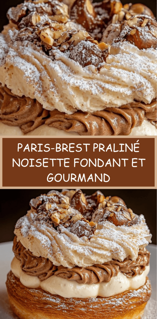 Paris-Brest praliné noisette coupé en deux, garni de crème pralinée et chantilly, décoré de noisettes concassées et sucre glace.