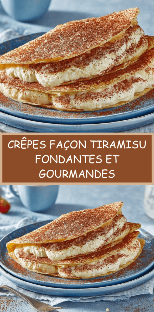 Crêpes façon tiramisu garnies de crème mascarpone onctueuse, saupoudrées de cacao, servies en dessert gourmand.