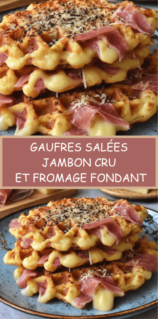 Gaufres salées dorées garnies de jambon cru et fromage fondant, servies chaudes avec une texture croustillante et un cœur coulant.