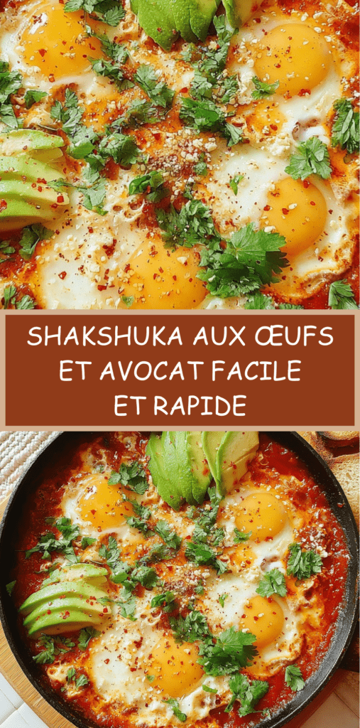 Shakshuka aux œufs coulants dans une sauce tomate, garnie d’avocat frais, feta émiettée et coriandre, servie avec pain grillé.