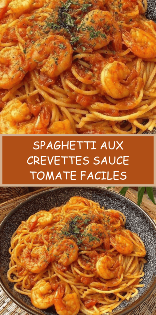Spaghetti aux crevettes nappés de sauce tomate maison, garnis de persil, servis chauds dans une assiette de pâtes gourmandes.