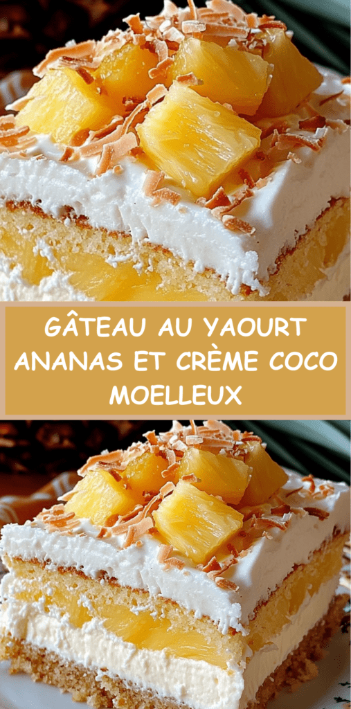 Gâteau au yaourt garni d’ananas et recouvert de crème coco onctueuse, décoré de noix de coco râpée et copeaux, présenté en dessert gourmand.