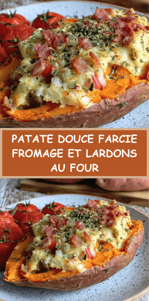Patate douce farcie aux lardons et fromage fondu, gratinée au four, garnie de tomates cerises et persil frais, servie chaude.