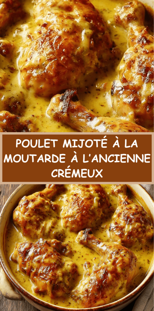 Poulet mijoté à la moutarde à l’ancienne en cocotte, cuisses de poulet fondantes nappées d’une sauce crémeuse aux oignons et moutarde.