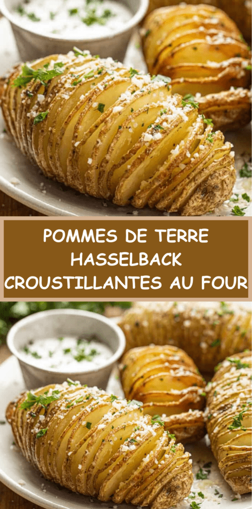 Pommes de terre Hasselback dorées et croustillantes au four, entaillées en accordéon, badigeonnées de beurre, ail et herbes fraîches.