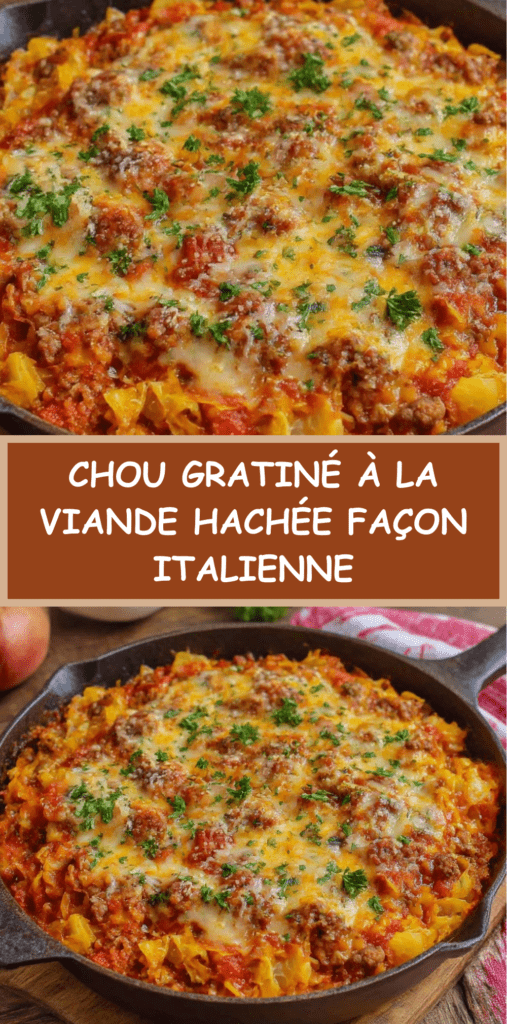 Gratin de chou blanc à la viande hachée, sauce tomate italienne et fromage fondu doré au four, servi chaud dans un plat familial.