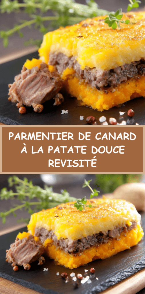 Parmentier de canard à la patate douce gratiné au four, doré sur le dessus, servi chaud dans un plat à gratin avec texture fondante.