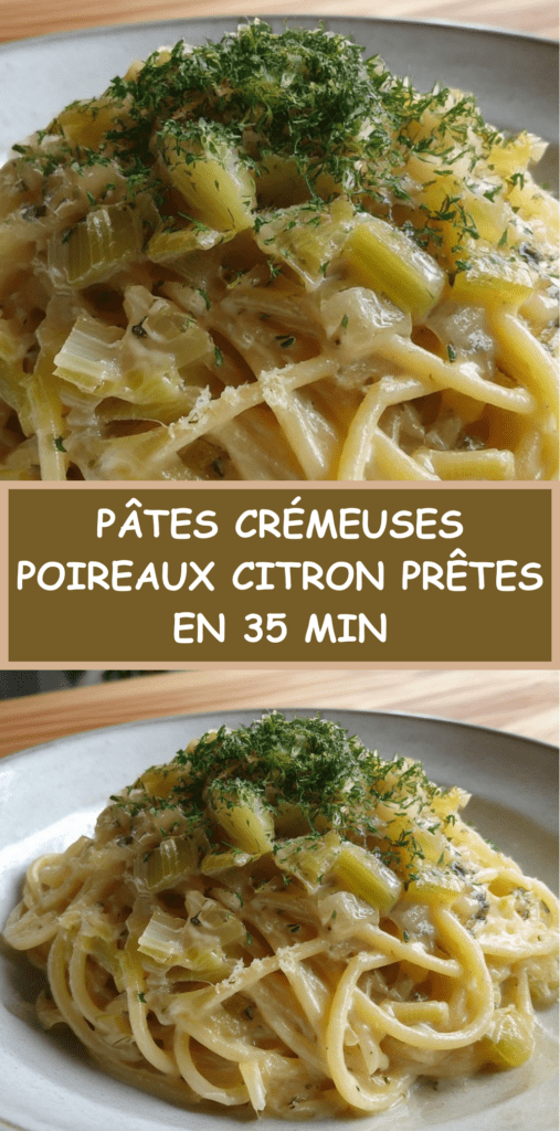 Assiette de pâtes crémeuses longues nappées d’une sauce crémeuse aux poireaux fondants et citron, garnie d’herbes fraîches et zeste de citron.