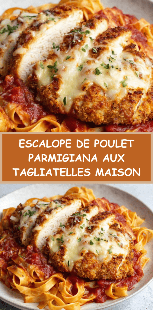Escalope de poulet parmigiana gratinée à la mozzarella et parmesan, servie sur des tagliatelles nappées de sauce tomate italienne.