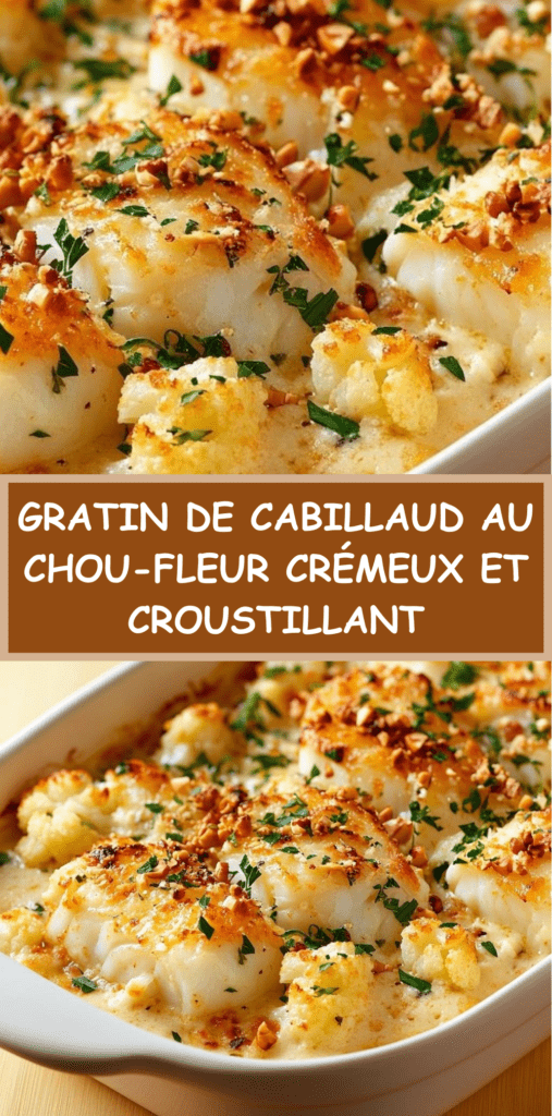 Gratin de cabillaud au chou-fleur nappé de crème, gratiné au fromage et parsemé de fruits secs dorés, servi chaud dans un plat familial.