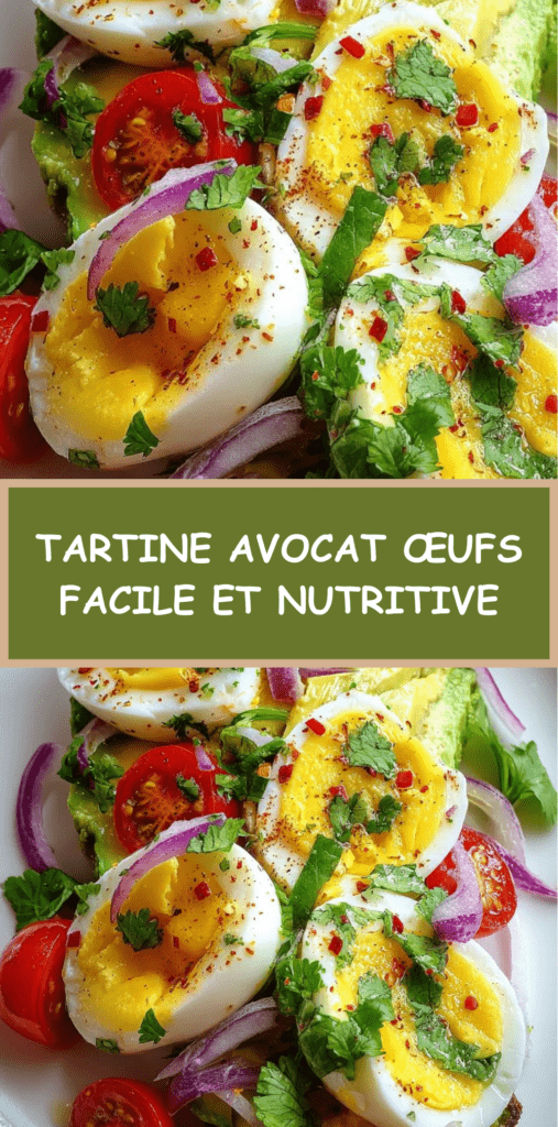Tartine de pain grillé garnie d’avocat frais, d’œufs mollets, tomates cerises, oignon rouge et coriandre, arrosée d’huile d’olive.