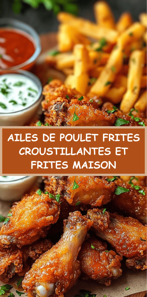 Ailes de poulet frites croustillantes dorées accompagnées de frites maison et sauce Buffalo, servies sur un plateau avec persil frais.