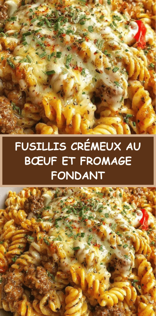 Assiette de fusillis crémeux au bœuf haché et fromage fondu, sauce tomate crémeuse, garnie de persil frais, servie chaude sur table en bois.