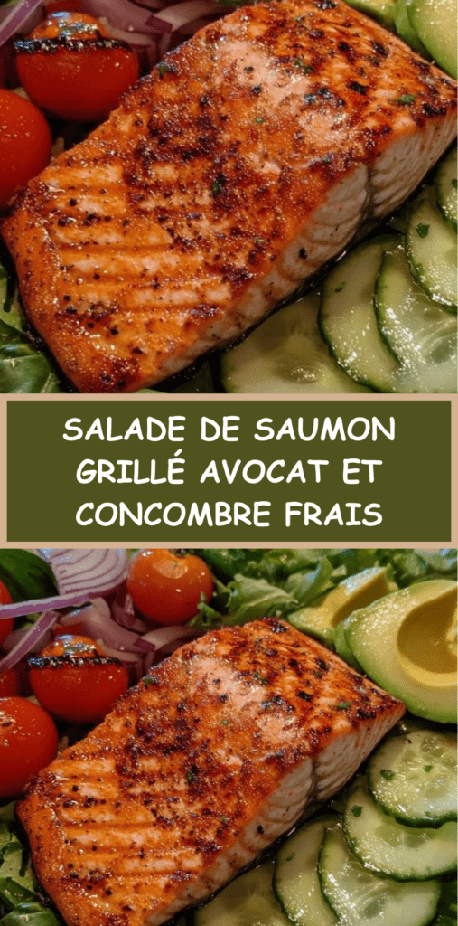 Salade de saumon grillé doré, tranches d’avocat mûr, concombre croquant, tomates cerises et vinaigrette citronnée dans une assiette blanche.