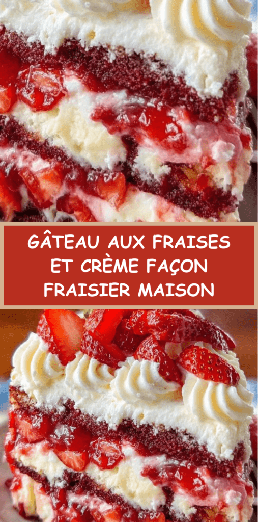 Gâteau aux fraises type fraisier avec génoise moelleuse, crème mascarpone lisse et fraises fraîches disposées en couronne, présenté sur un plat blanc élégant.
