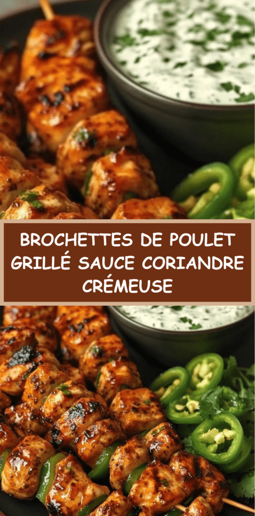 Brochettes de poulet grillé dorées avec poivron et oignon rouge, accompagnées d’une sauce crémeuse à la coriandre, servies chaudes sur un plat en bois.