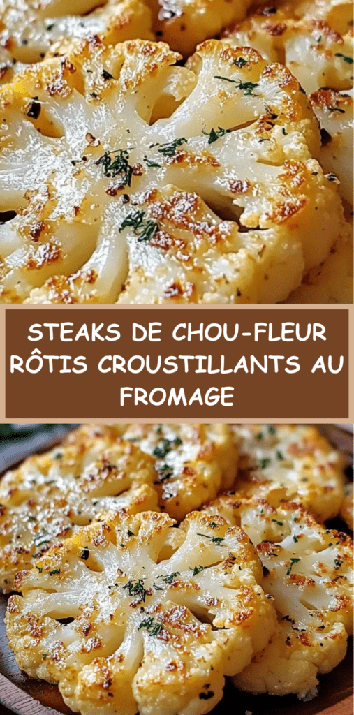 Steaks de chou-fleur rôtis dorés au four avec parmesan fondu, ail et herbes, texture croustillante, servis chauds sur plaque de cuisson.