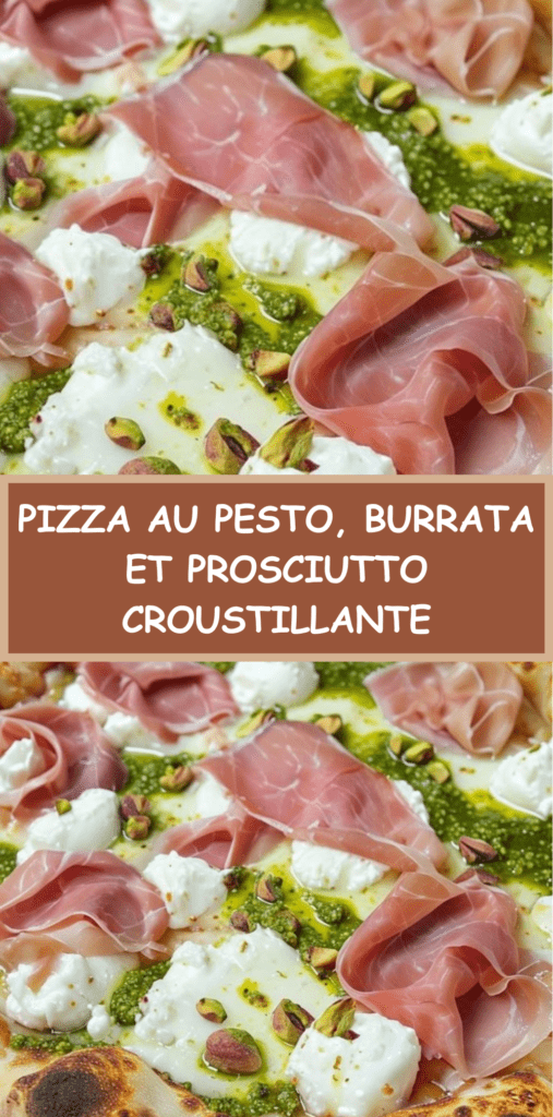 Pizza dorée au four garnie de pesto vert, burrata fondante, tranches fines de prosciutto et pistaches concassées, arrosée d’huile d’olive et décorée de basilic frais.