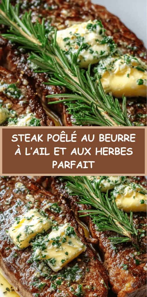 Steak poêlé de bœuf doré avec beurre fondu à l’ail, romarin et thym, servi en tranches juteuses sur une planche en bois.