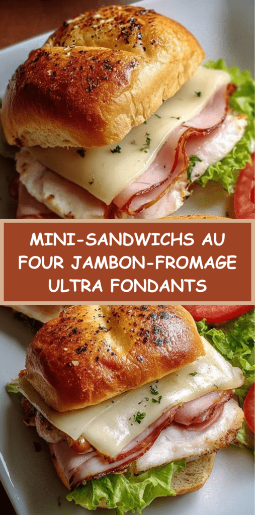 Mini-sandwichs briochés jambon-fromage dorés au four, nappés de beurre aromatisé, fromage fondu visible, servis chauds dans un plat de cuisson.
