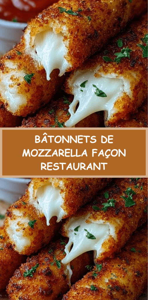 Bâtonnets de mozzarella frits dorés et croustillants, fromage filant à l’intérieur, servis chauds avec sauce marinara sur planche en bois.