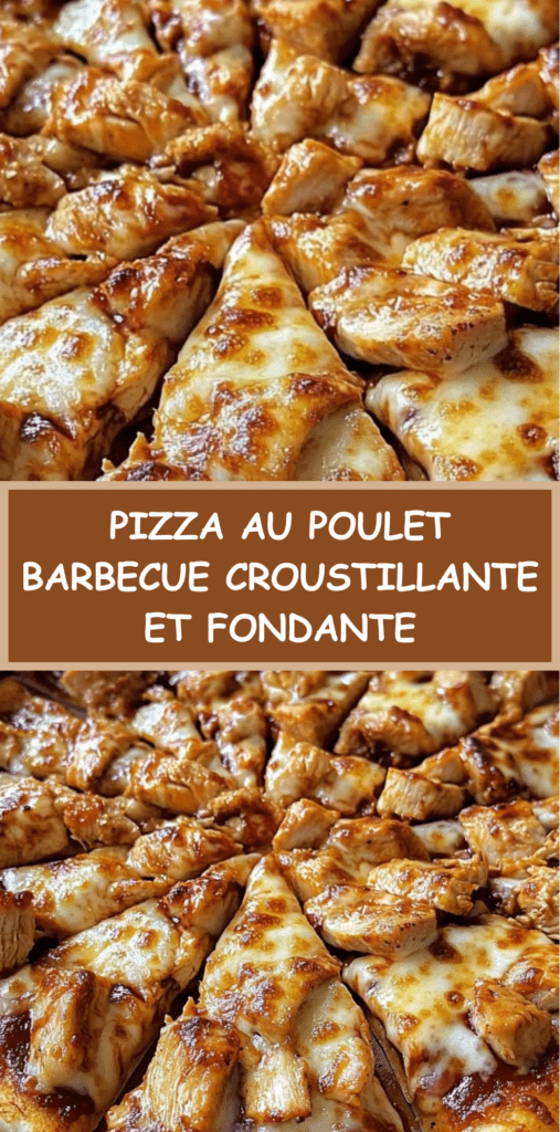 Pizza au poulet barbecue dorée au four avec mozzarella fondante, oignons rouges émincés et coriandre fraîche, servie chaude sur une planche en bois.