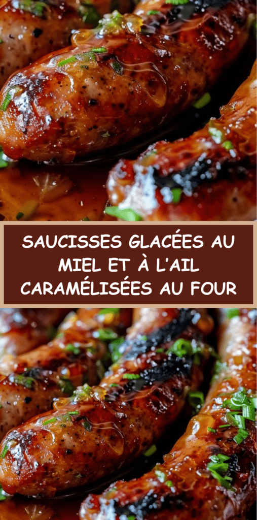 Saucisses dorées et caramélisées au miel et à l’ail, nappées de sauce brillante, garnies d’oignons verts frais, servies chaudes dans un plat de cuisson.