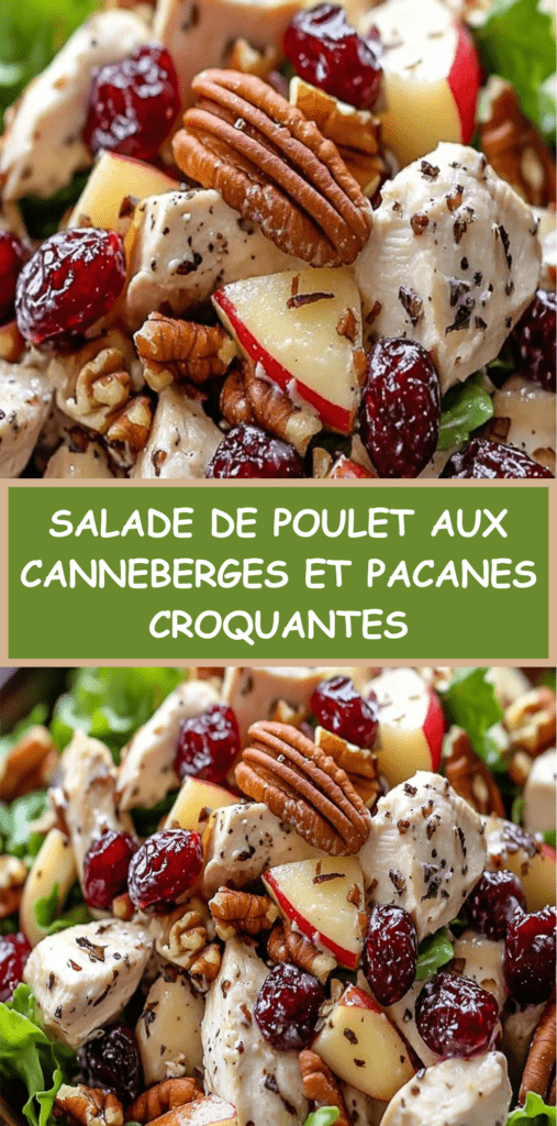 Salade de poulet crémeuse avec canneberges séchées, pacanes grillées et morceaux de pomme, servie sur feuilles de laitue verte fraîche.