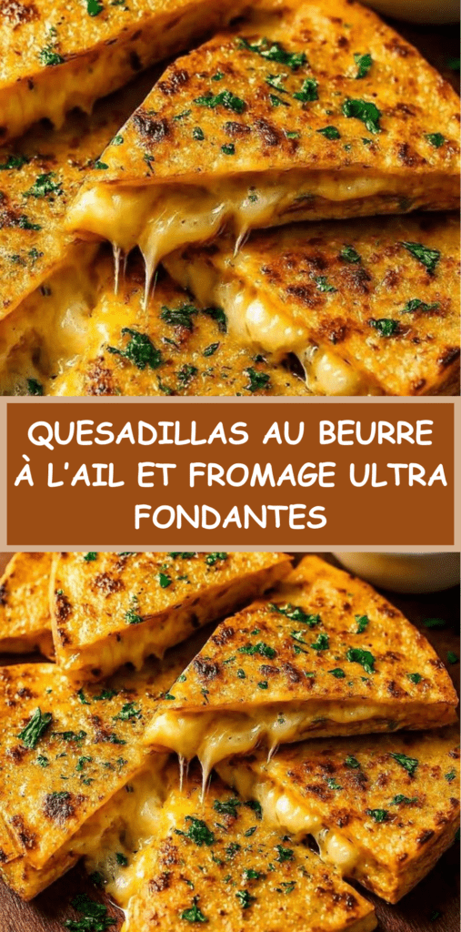 Quesadillas dorées au beurre à l’ail avec fromage mozzarella et cheddar fondant, coupées en triangles et garnies de persil frais, servies avec sauce tomate.