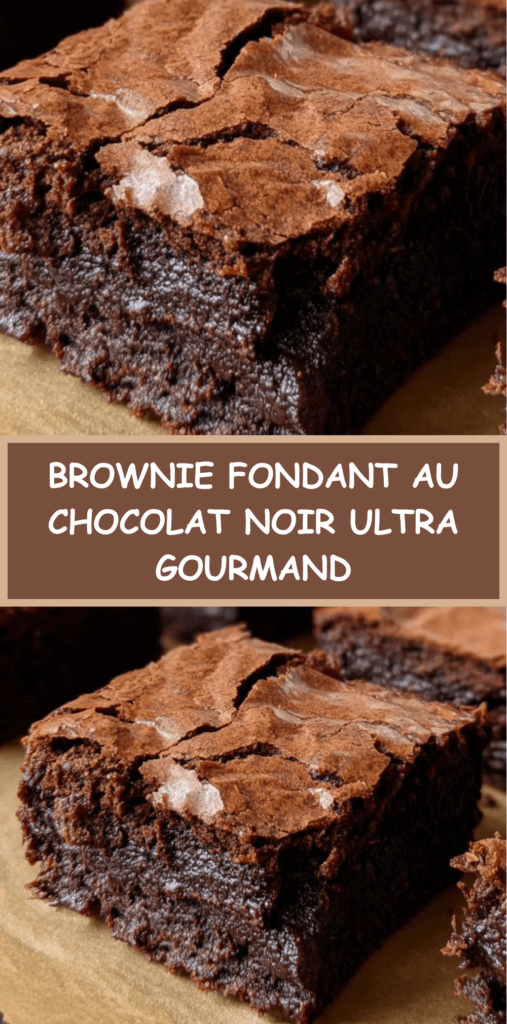 Brownie fondant au chocolat noir coupé en carrés, texture dense et moelleuse, surface légèrement craquelée, servi sur une assiette en bois.