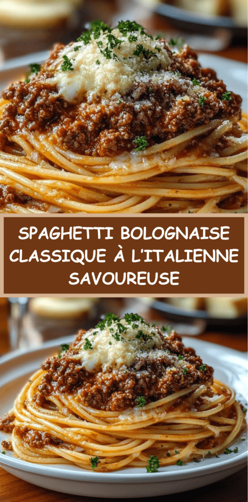 Spaghetti bolognaise maison avec sauce tomate mijotée au bœuf, légumes fondants, parmesan râpé et persil frais, servis dans une assiette creuse.