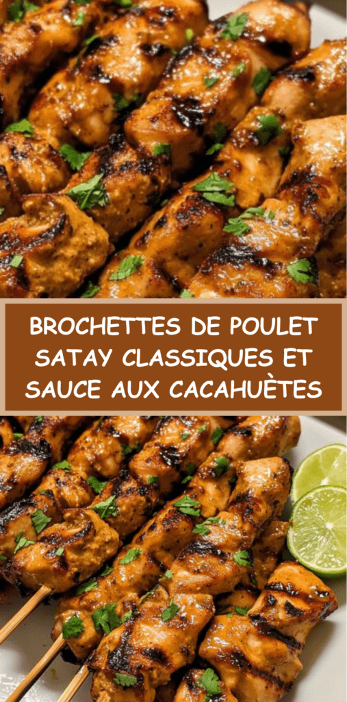 Brochettes de poulet satay dorées au grill avec marinade coco-épices, servies avec sauce aux cacahuètes crémeuse et coriandre fraîche.