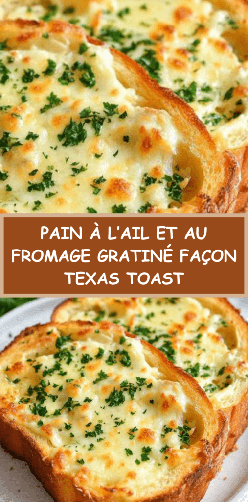 Tranches épaisses de pain à l’ail gratinées au fromage, dorées et croustillantes, garnies de persil frais, servies chaudes sur plaque de cuisson.