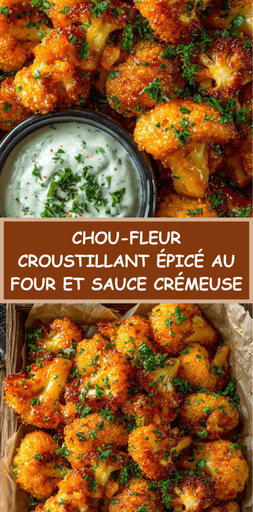 Chou-fleur croustillant épicé au four doré et pané, nappé de sauce piquante brillante, servi avec un dip crémeux au yaourt et citron.