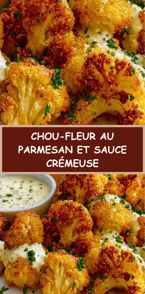 Chou-fleur croustillant au parmesan doré au four, panure croustillante, servi chaud avec sauce crémeuse au yaourt et citron sur table rustique.