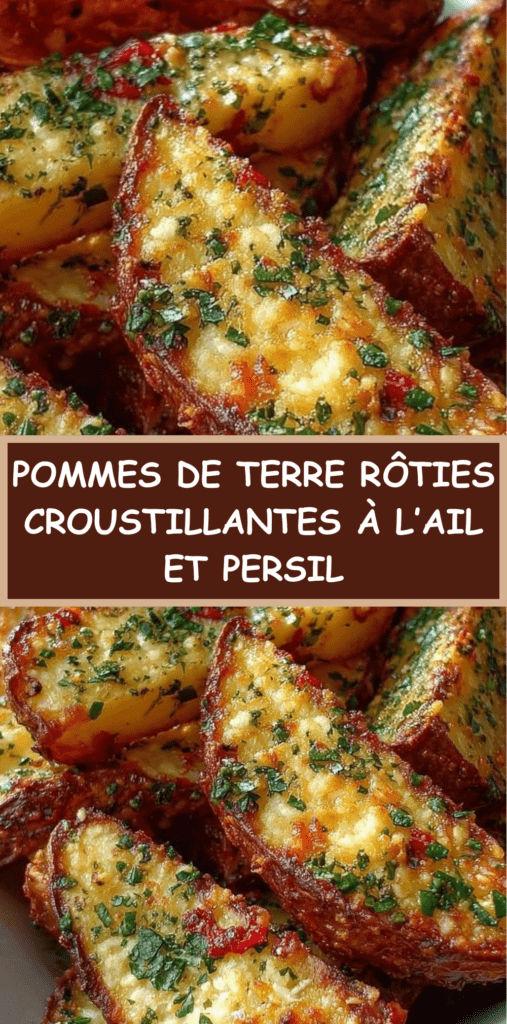 Pommes de terre rôties croustillantes dorées au four, assaisonnées à l’ail et persil frais, servies chaudes sur plaque rustique.